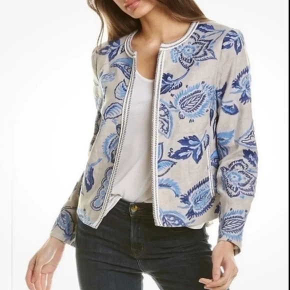 J Mclaughlin Jackets & Blazers - J. McLaughlin Kinsey Linen Blend Jacket Beige Blue Floral Embroidered Medium